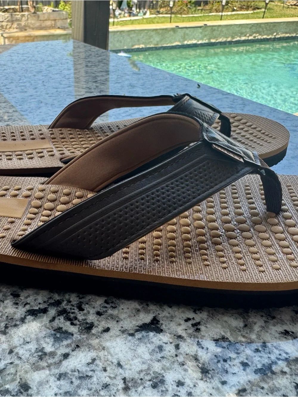 Men's Brown Footbed Flip Flops with Black Straps size 12